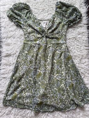 Olive Green Floral Twist-Front Mini Dress